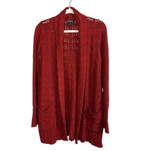Lucky Brand Red Boho Knit Open Front Cardigan Size XS Cozy Layering Fall
